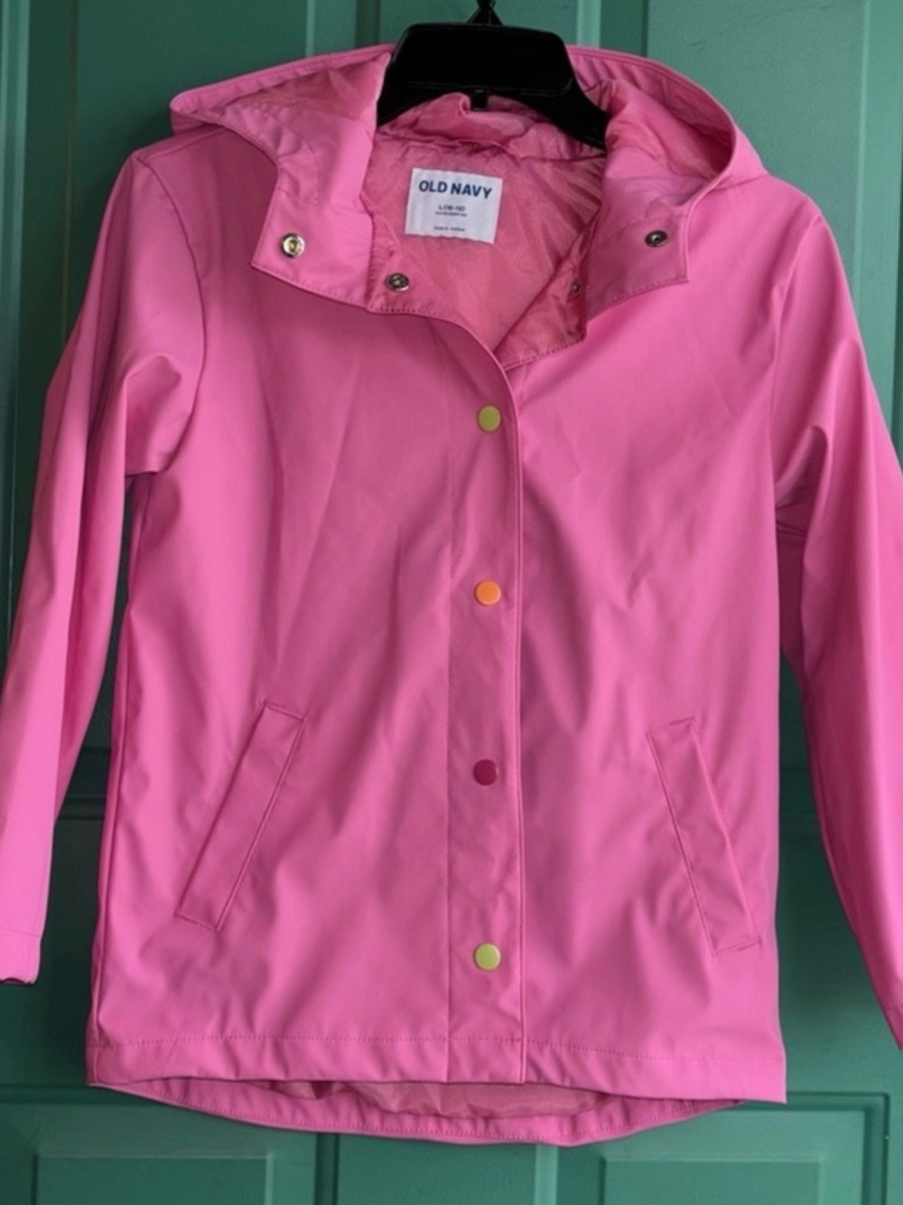 Old Navy Girls Pink Hooded Rain Jacket with Rainbow Snaps! 10-12 Large